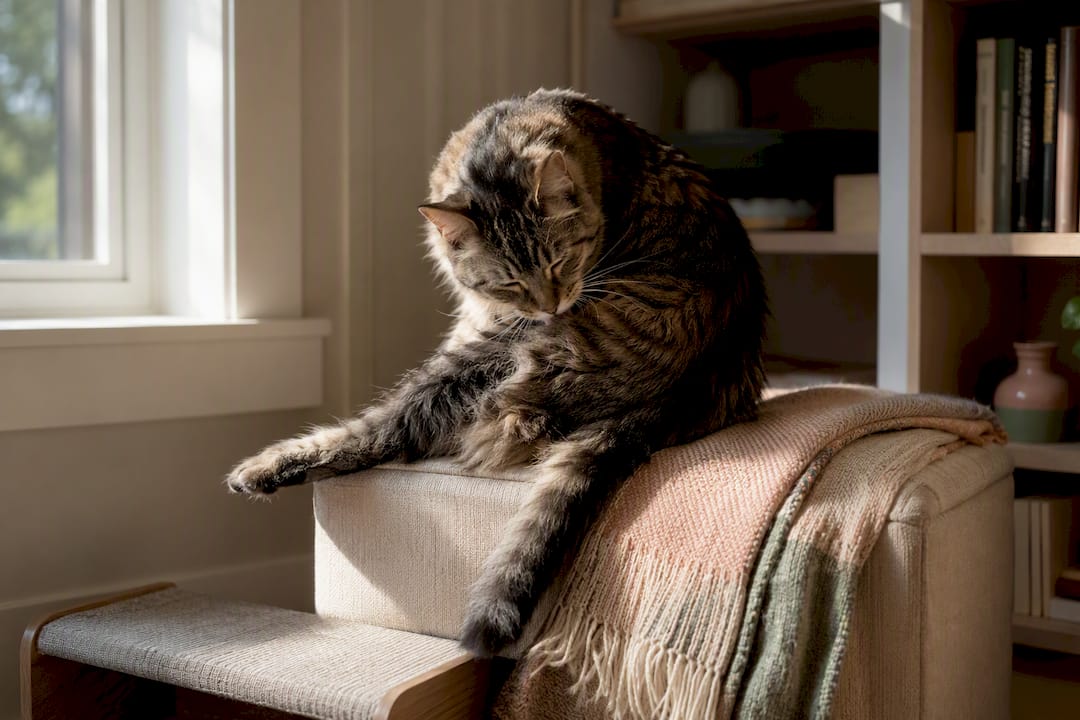 Senior cat grooming comfortably at home