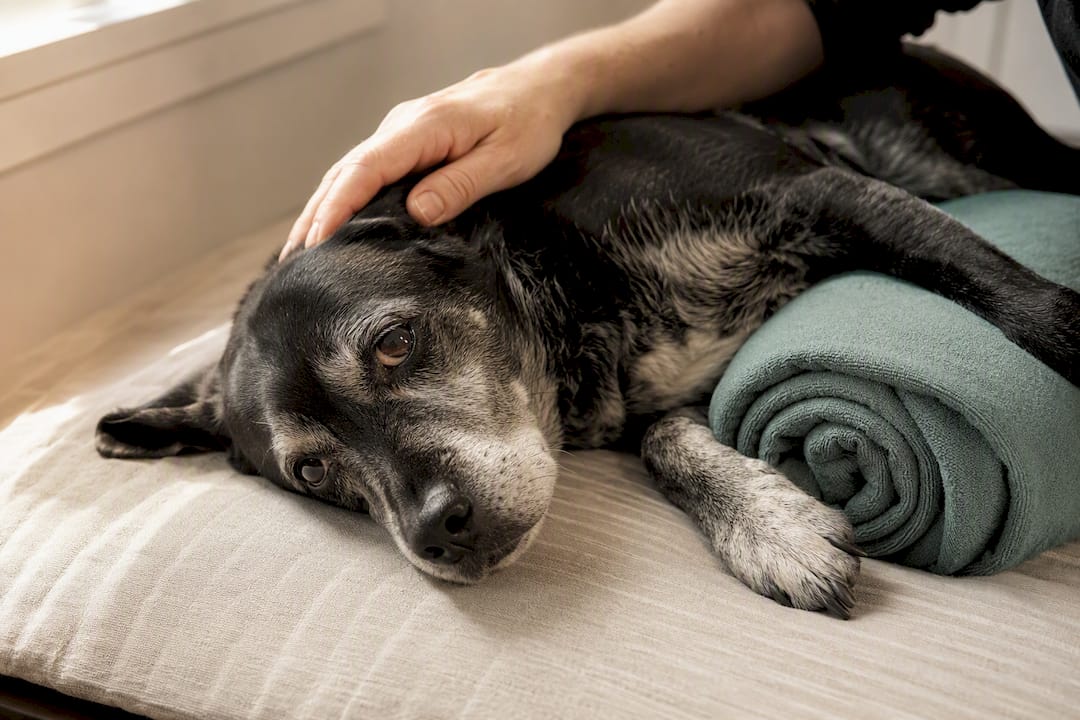 Dog resting with towel support and eye upward