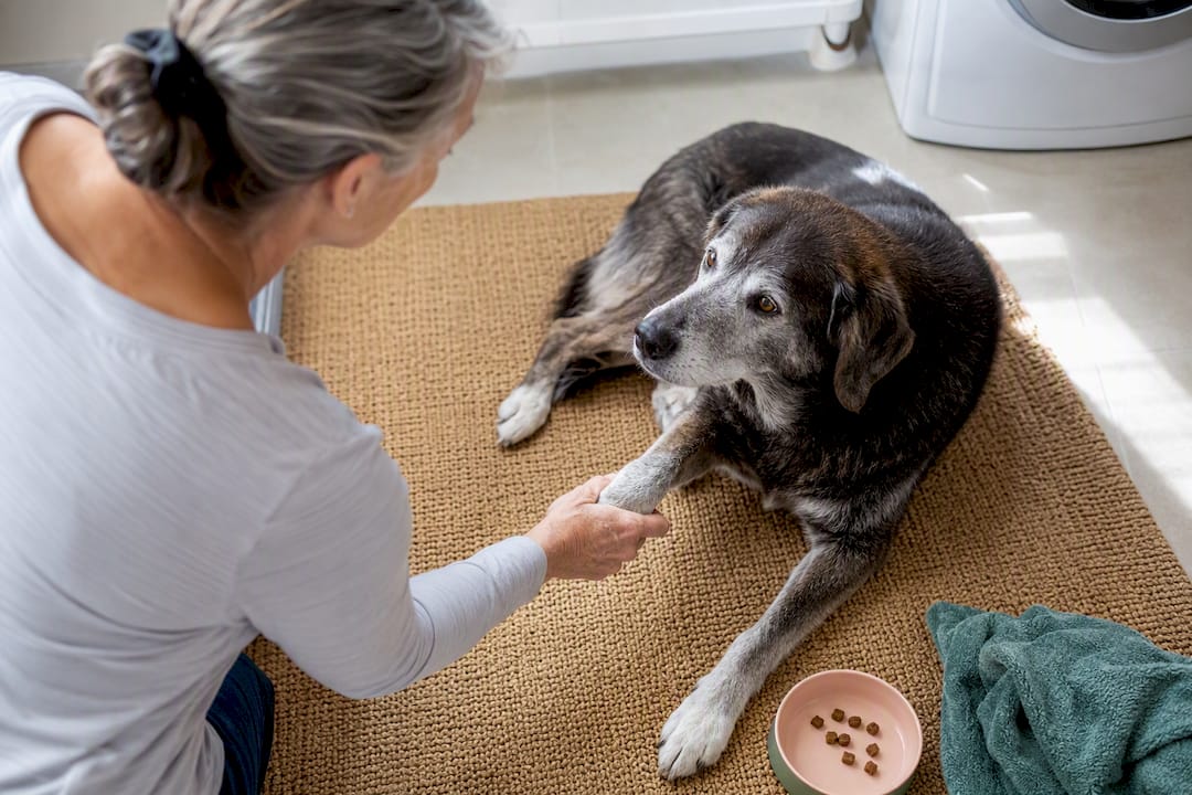Owner practicing gentle paw touch with dog