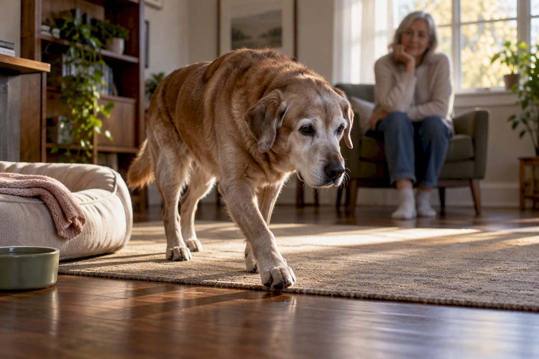 Senior dog walking during home assessment