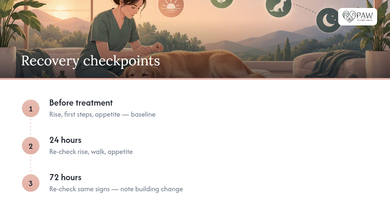Dog acupuncture recovery checkpoints at 24 and 72 hours
