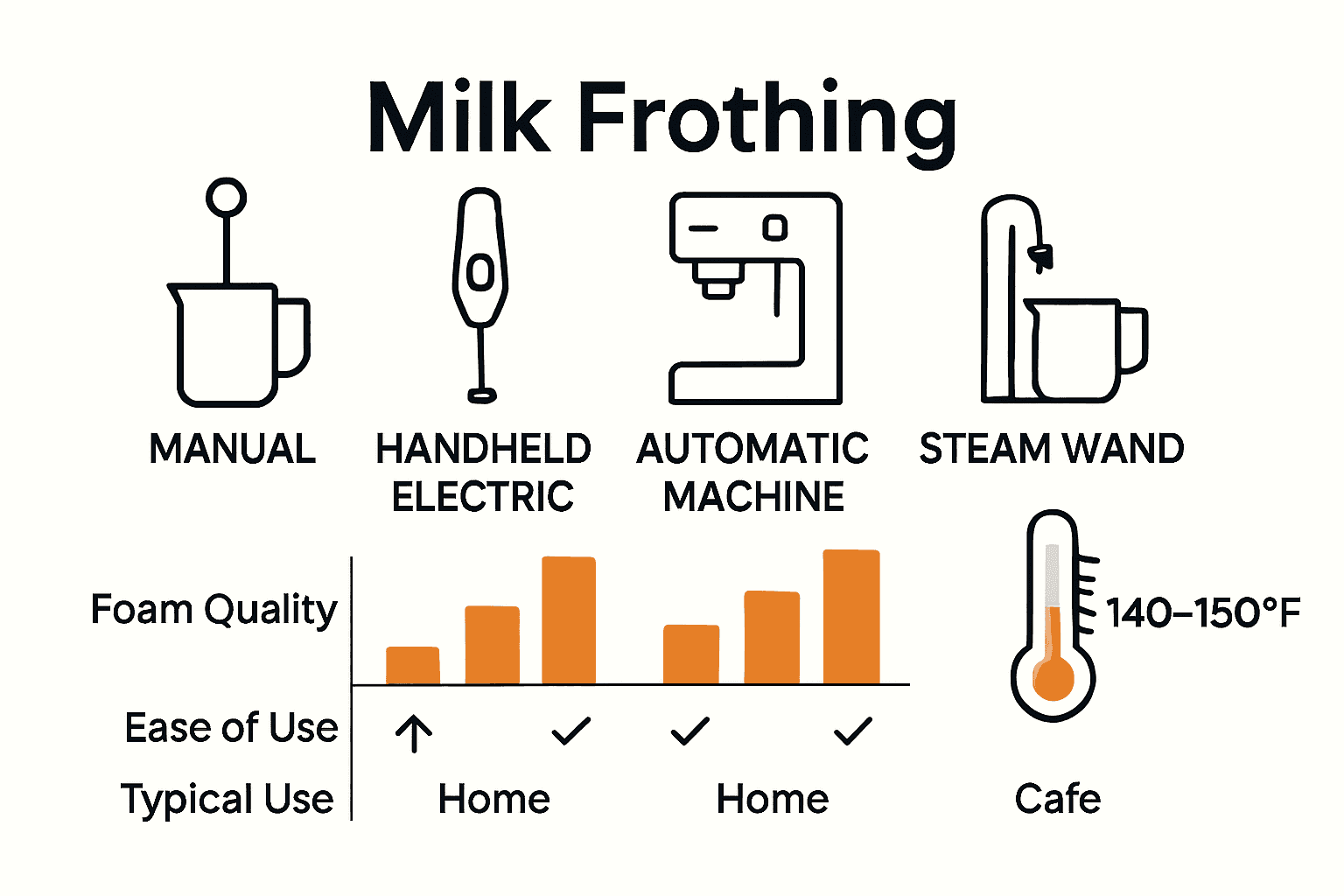 Infographic comparing milk frothing methods by foam quality and use.