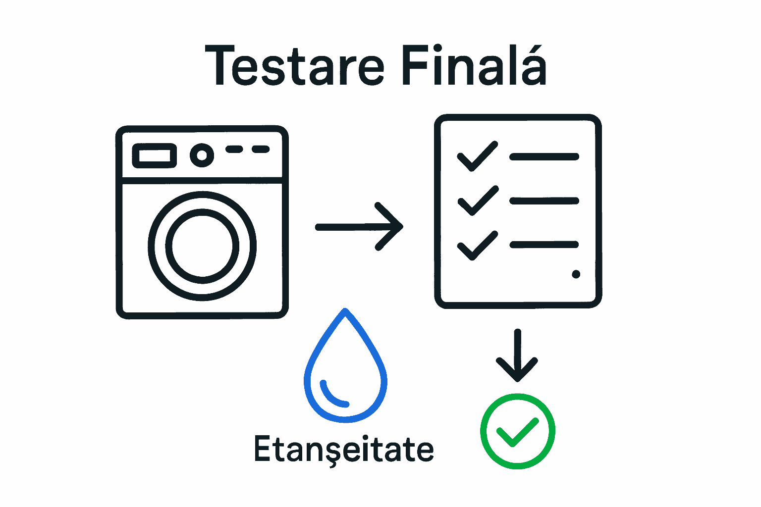 Infografic cu etapele testării mașinii de spălat după reparație
