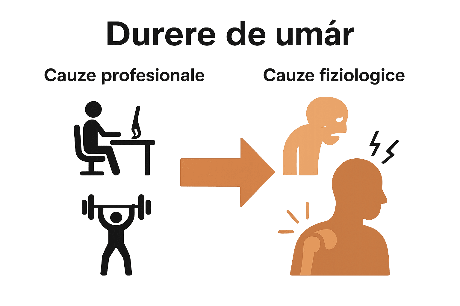 Infografic cu cauzele durerilor de umăr la adulți.