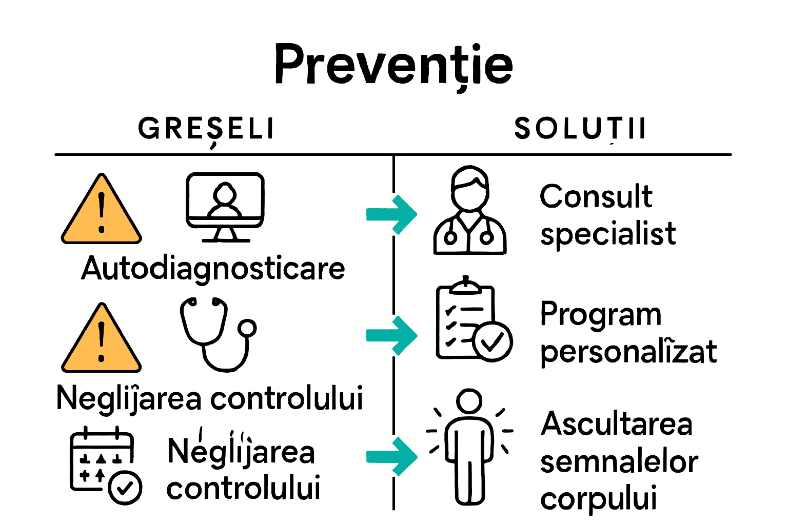 Infografic cu greșeli și soluții în prevenția durerii.