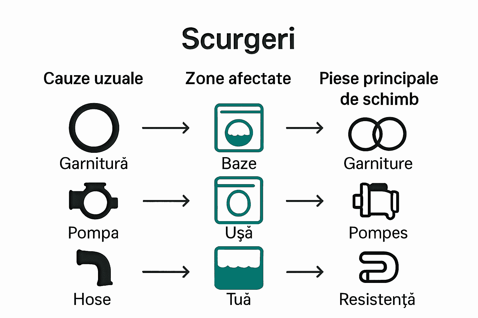 Infografic: cauze și zone ale scurgerilor la mașina de spălat