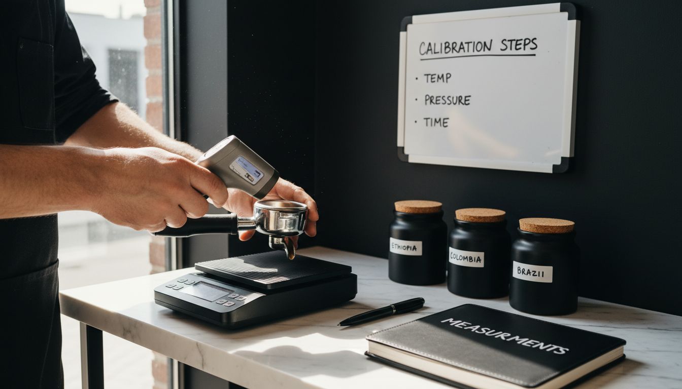 Workspace with coffee calibration tools