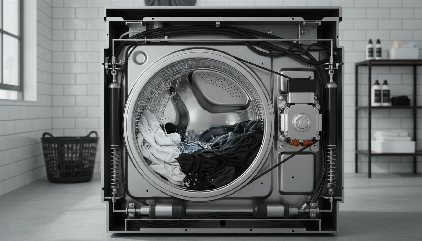 Cutaway of drum and motor in washing machine