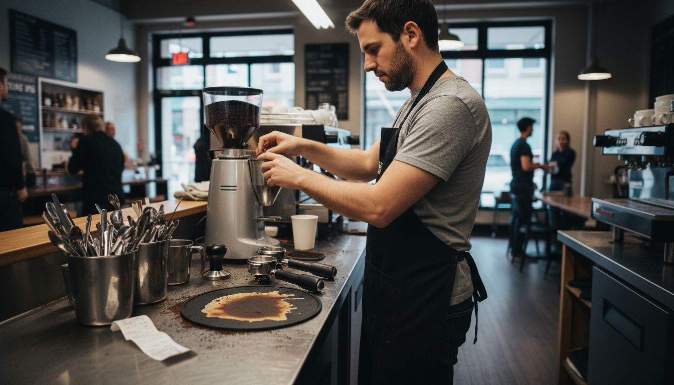 Barista adjusting grinder at ergonomic workstation