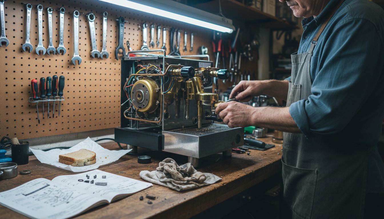Technician repairing coffee machine in workshop