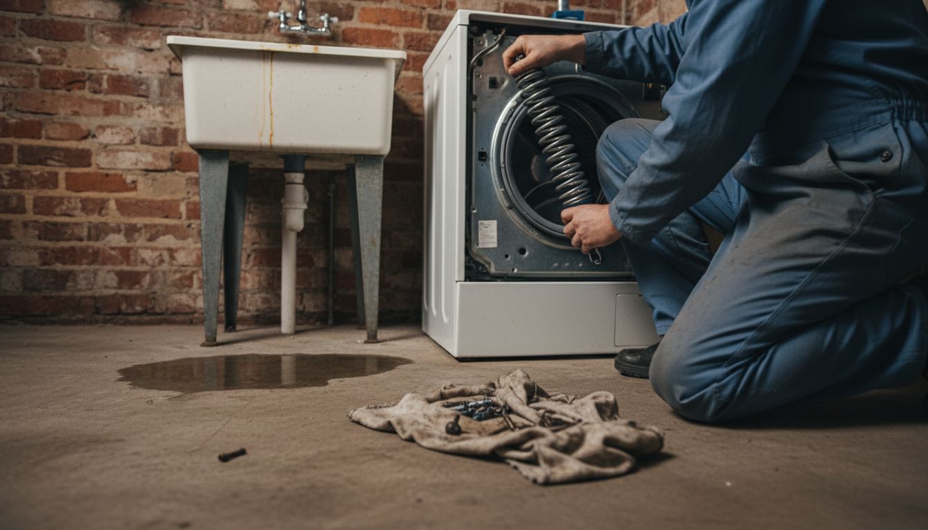 Technician installing washing machine shock absorber