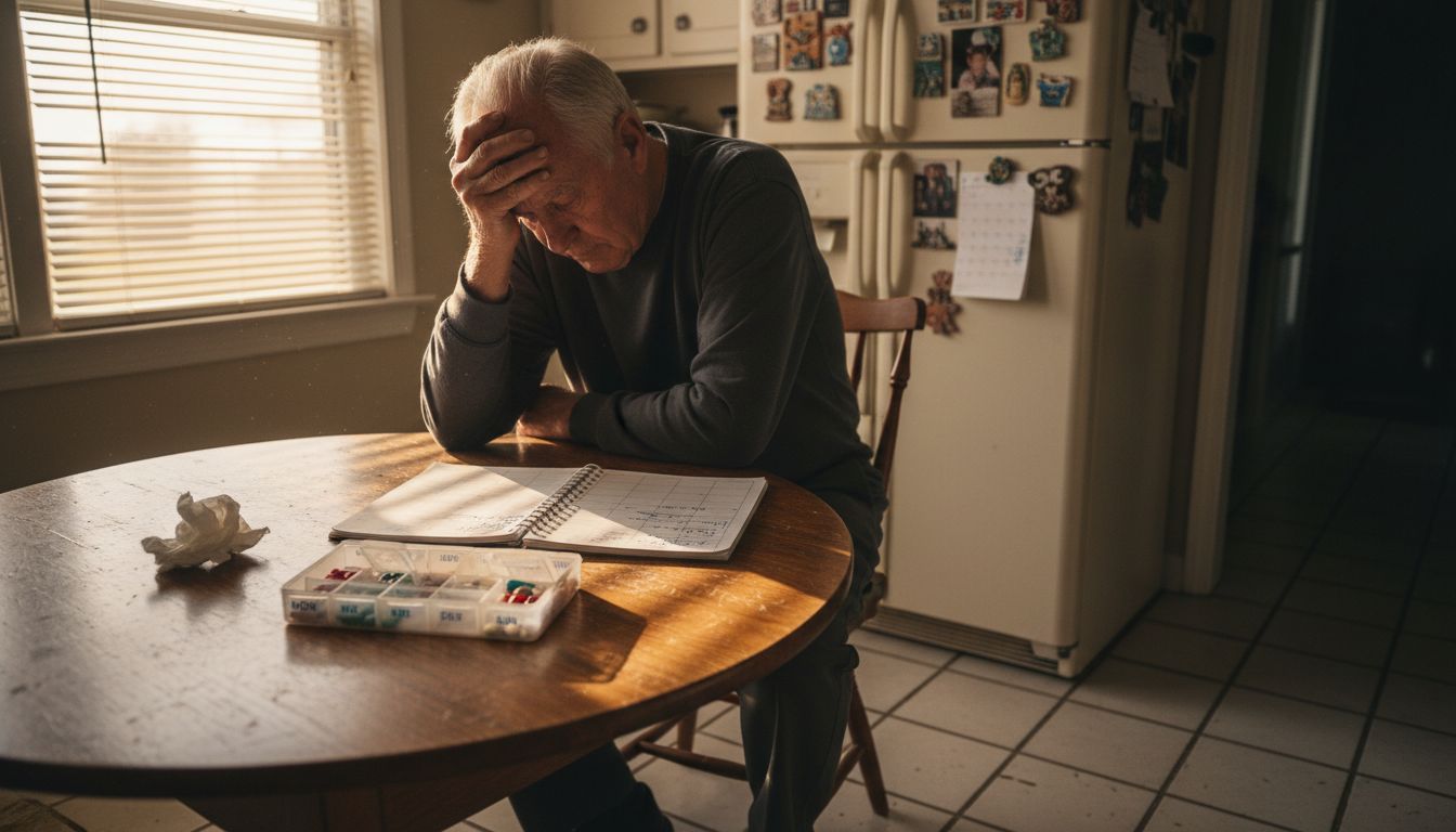 Senior man with headache at kitchen table