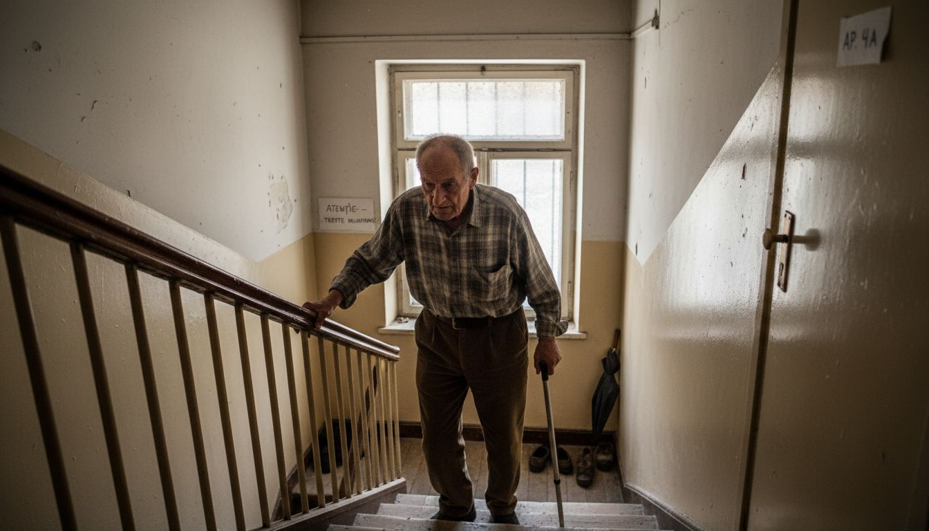 Un bătrân se chinuie să urce scările din cauza durerilor cronice.