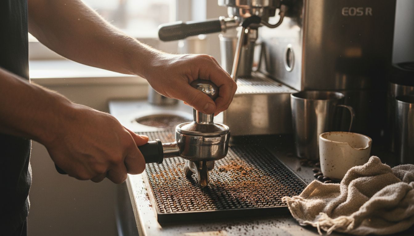 Close-up hands tamping espresso portafilter