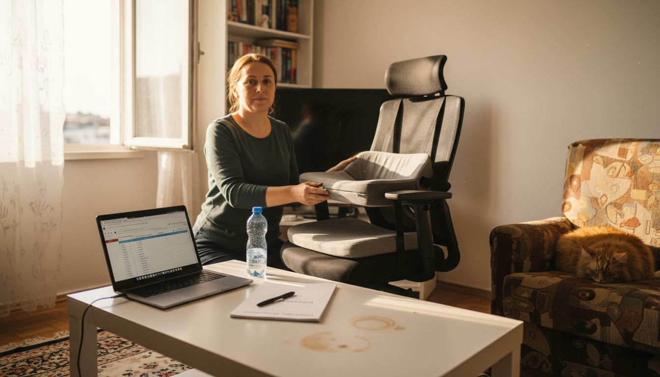 Femeie care își amenajează biroul de acasă astfel încât să fie cât mai confortabil și ergonomic
