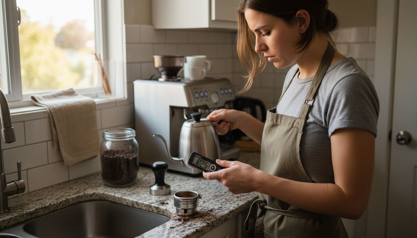 Home barista measures espresso brewing temperature