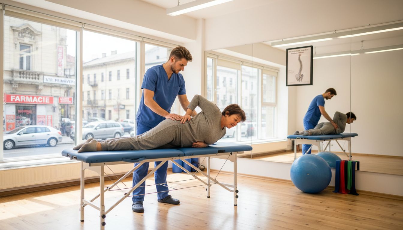 Kinetoterapeut care arată exerciții pentru ameliorarea durerilor cauzate de hernia de disc