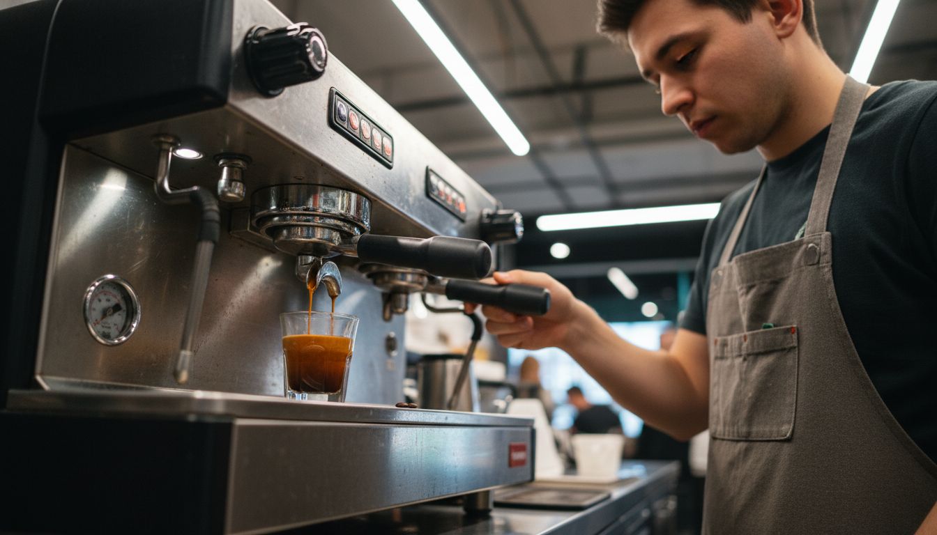 Barista extracting espresso with visible crema