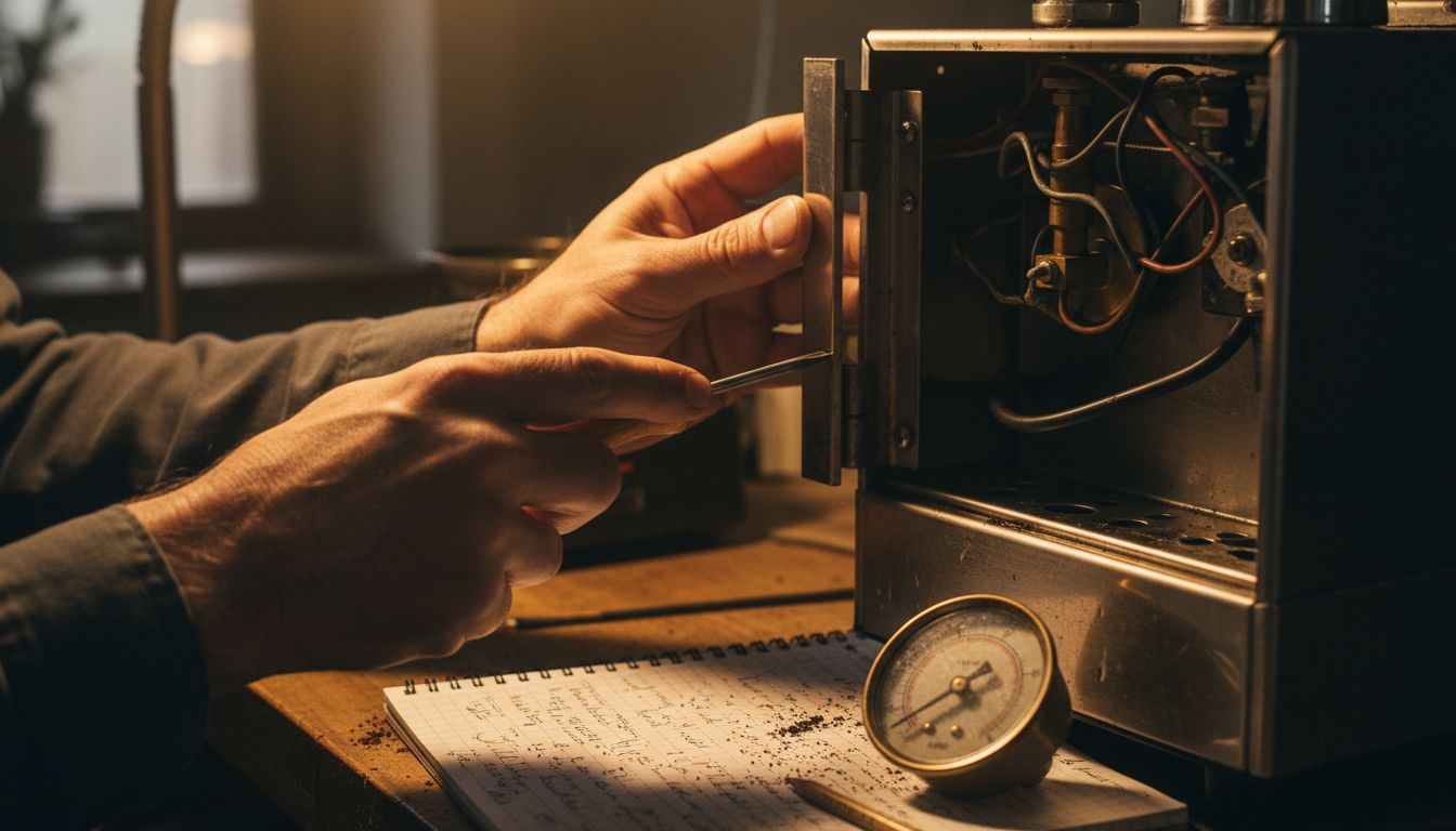 Hands making espresso pressure adjustment