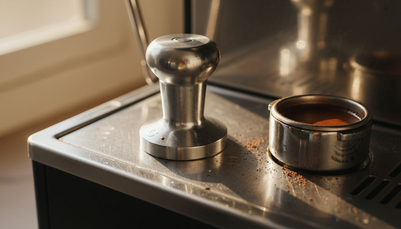 Close-up of stainless steel coffee tamper