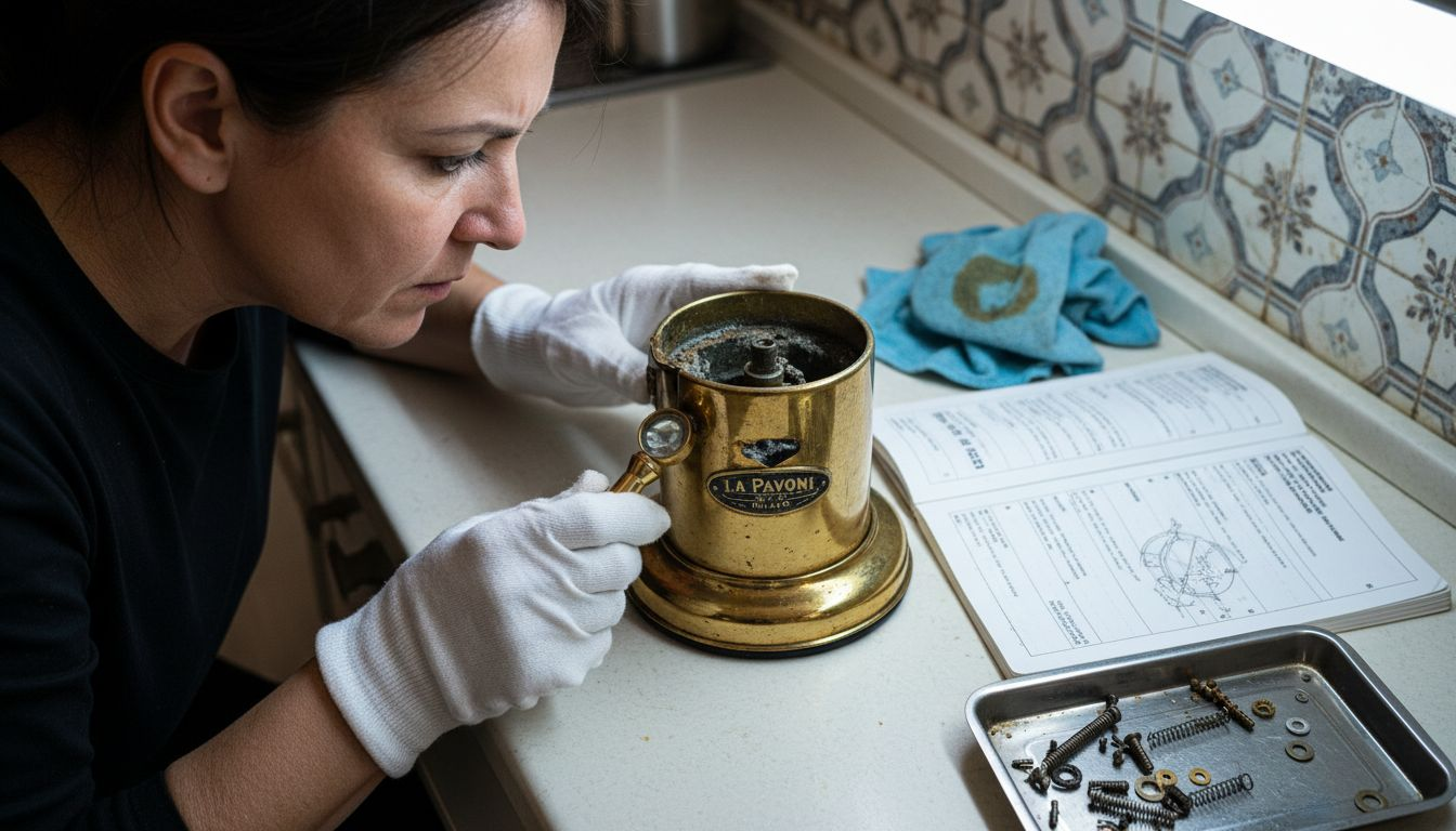 Woman inspecting inside espresso machine