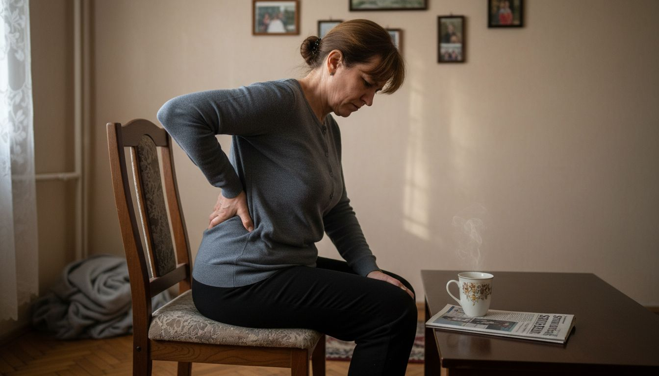 O femeie își masează spatele relaxată, chiar în sufragerie.