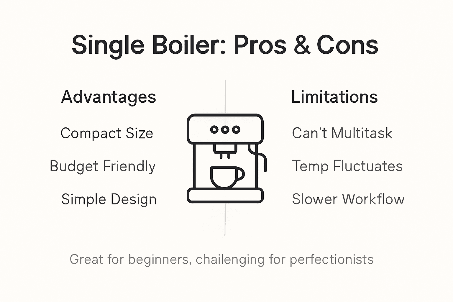 Infographic showing single boiler espresso pros and cons