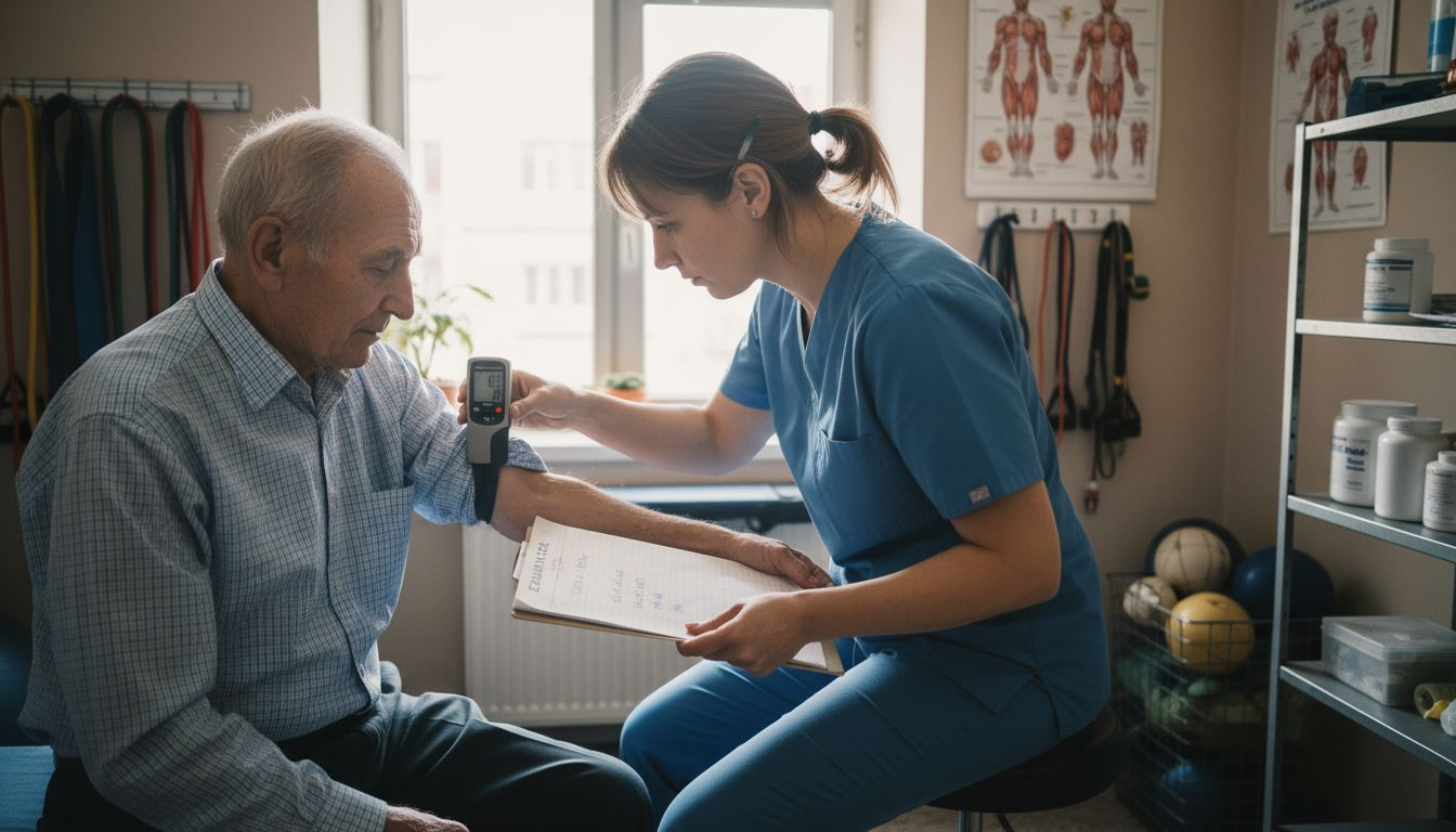 Cadru medical care evaluează mobilitatea brațului folosind un goniometru