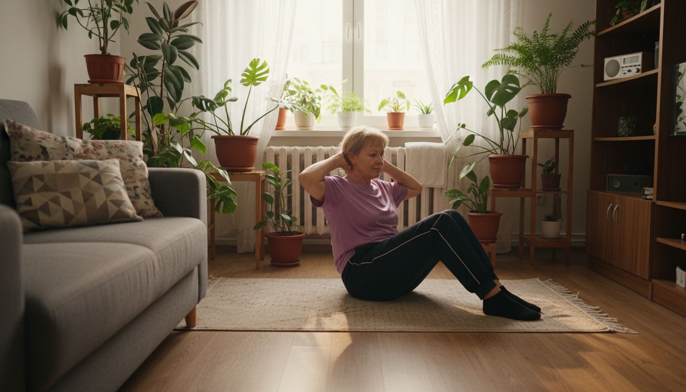 O femeie trecută de prima tinerețe face exerciții pentru abdomen pe covor, concentrată să-și mențină forma fizică.