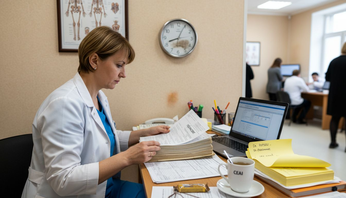 Medicul analizează fișa pacientului și își notează observațiile.