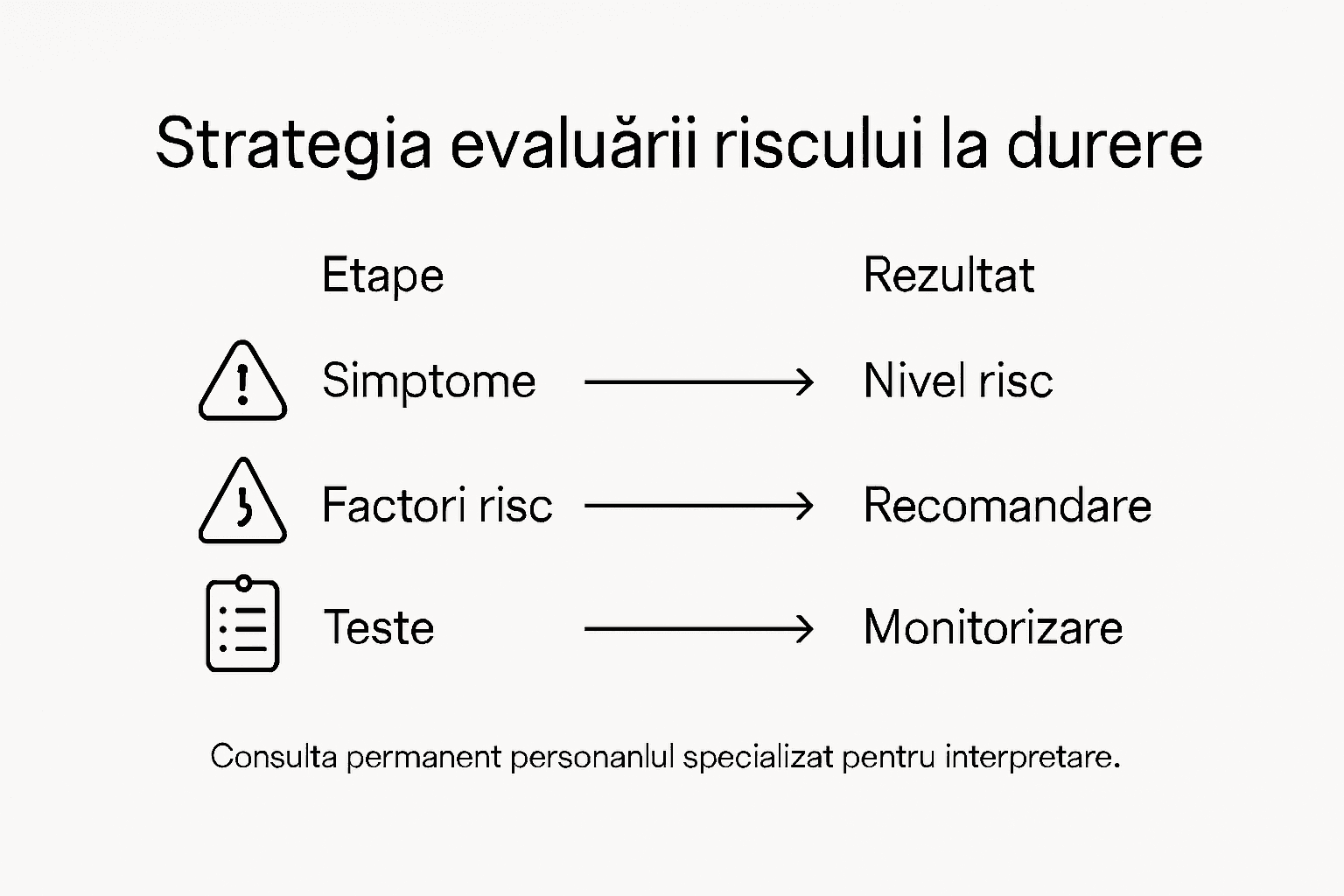 Infografic cu principalele concluzii privind evaluarea riscului de apariție a durerilor