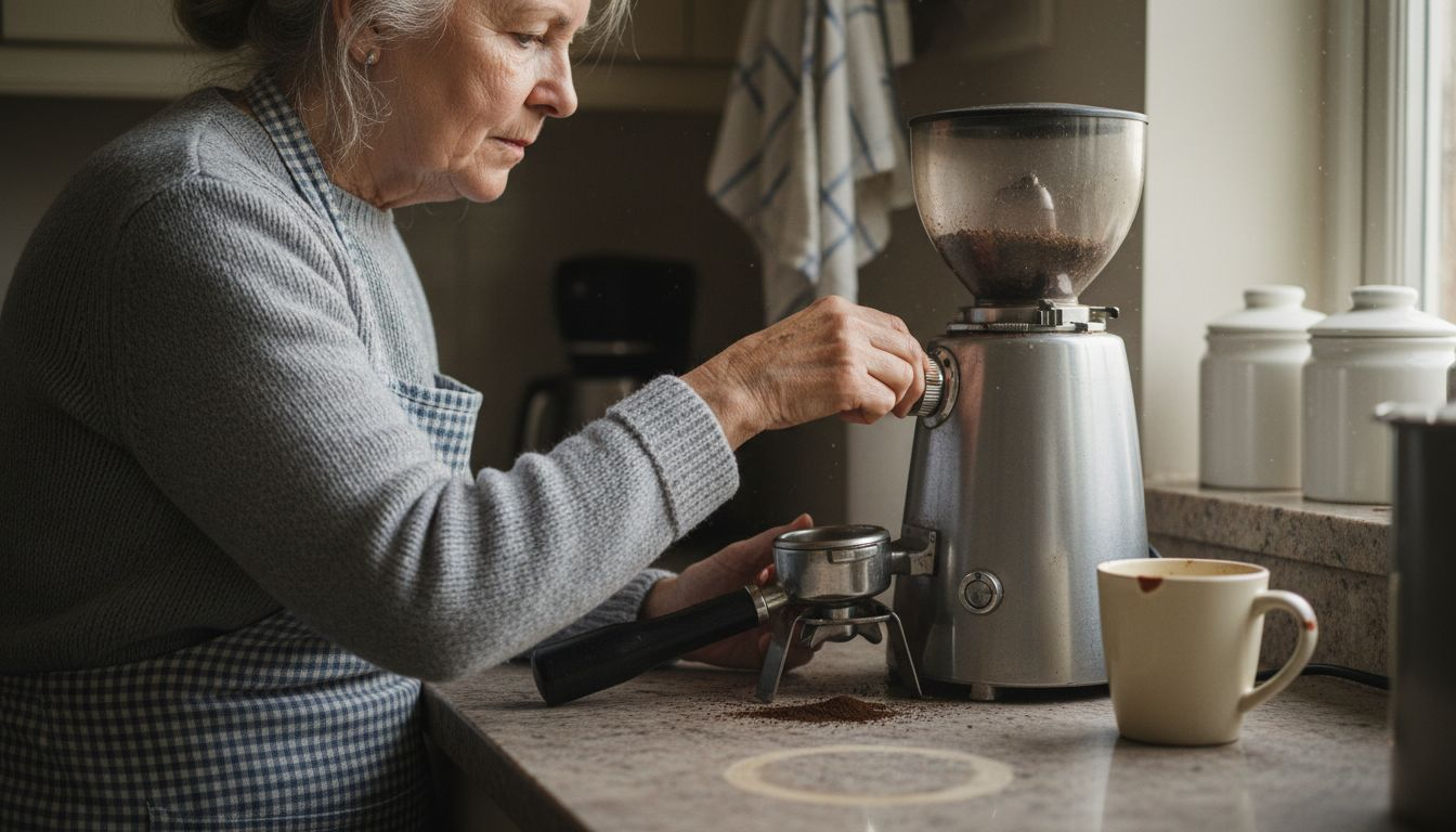 Woman adjusting coffee grinder for puck consistency