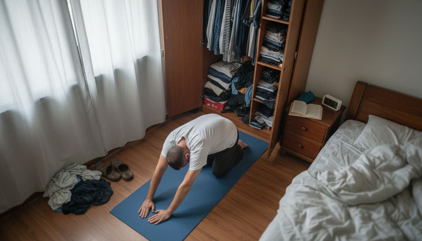 Un bărbat care își face exercițiile de stretching pe saltea, chiar la el acasă.