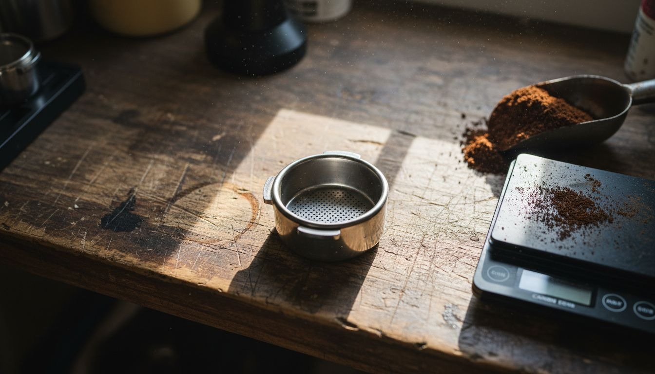 Close-up of portafilter basket holes