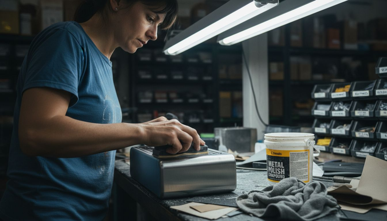 Woman sanding coffee machine panel