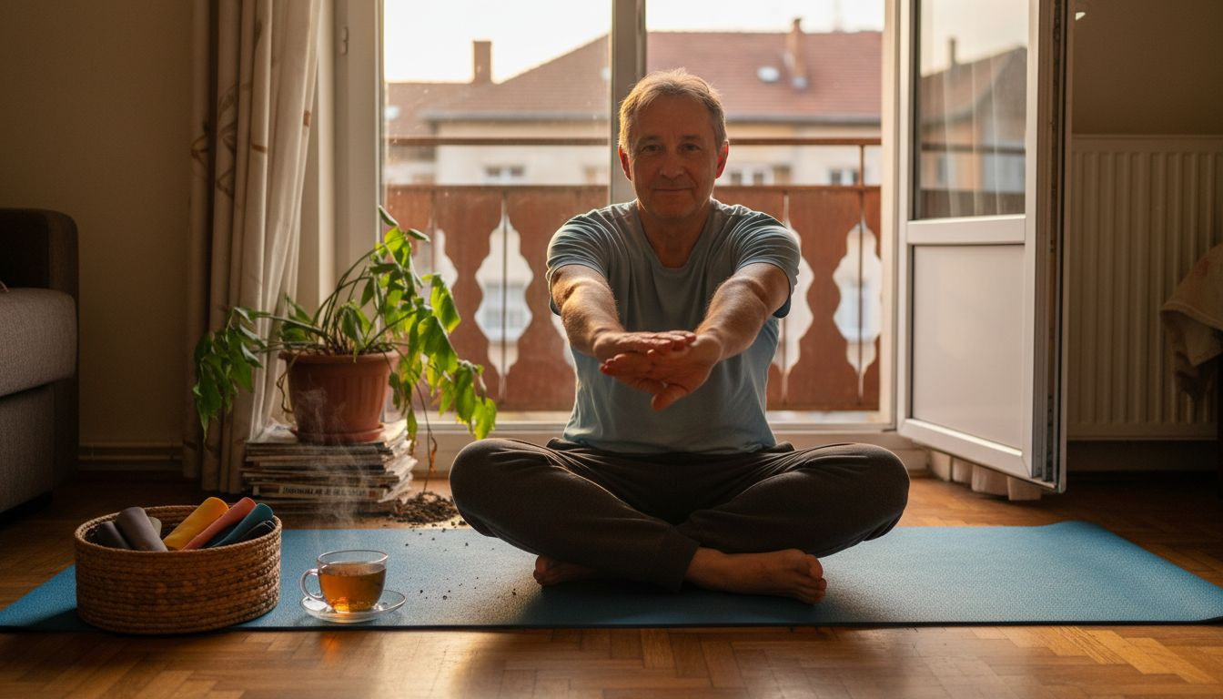 Bărbat care își găsește liniștea acasă prin tehnici de relaxare