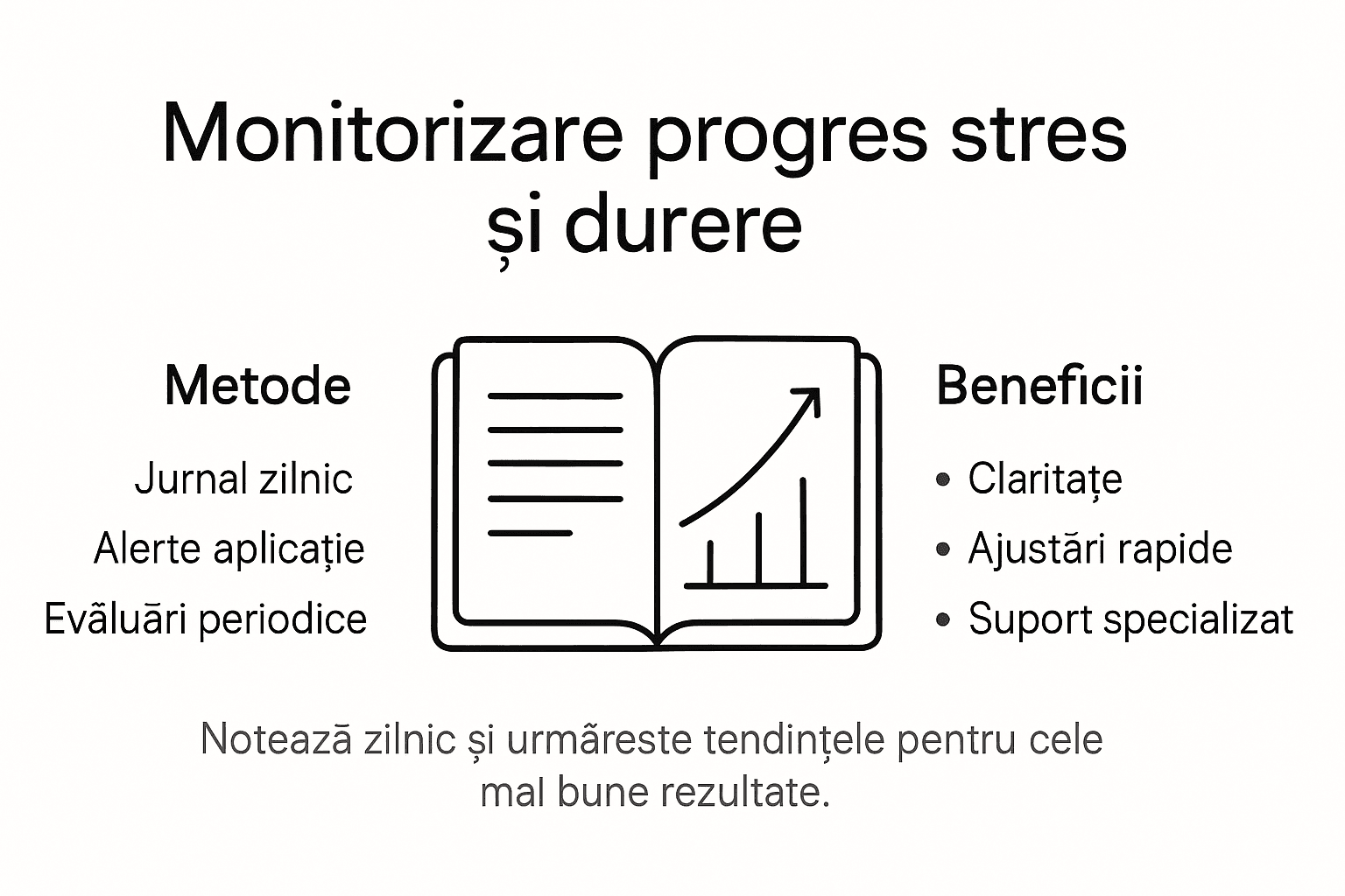 Infografic despre cum poți urmări evoluția nivelului de stres și intensitatea durerii