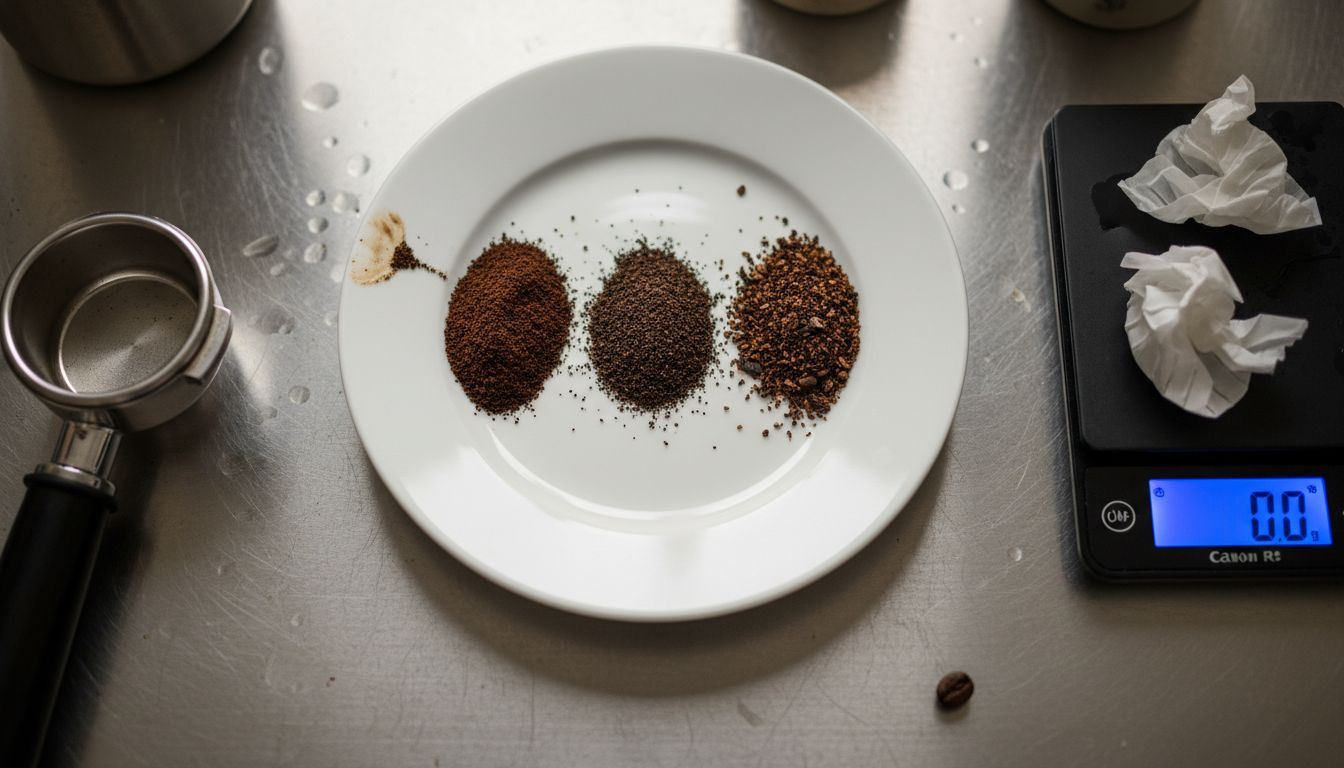 Close-up espresso grind size comparison