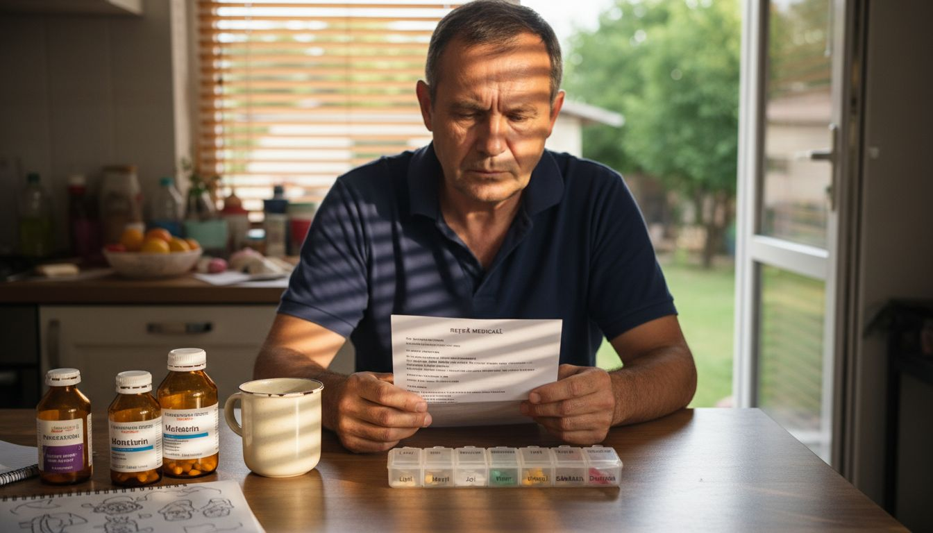 Un bărbat își aranjează pastilele pentru fiecare zi, așezat la masa din bucătărie.