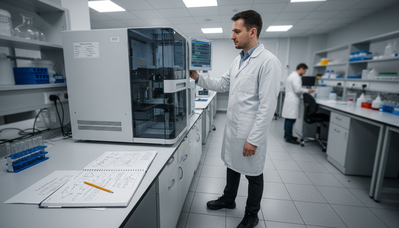 Asistentul de laborator urmărește atent aparatura folosită pentru secvențierea ADN-ului.