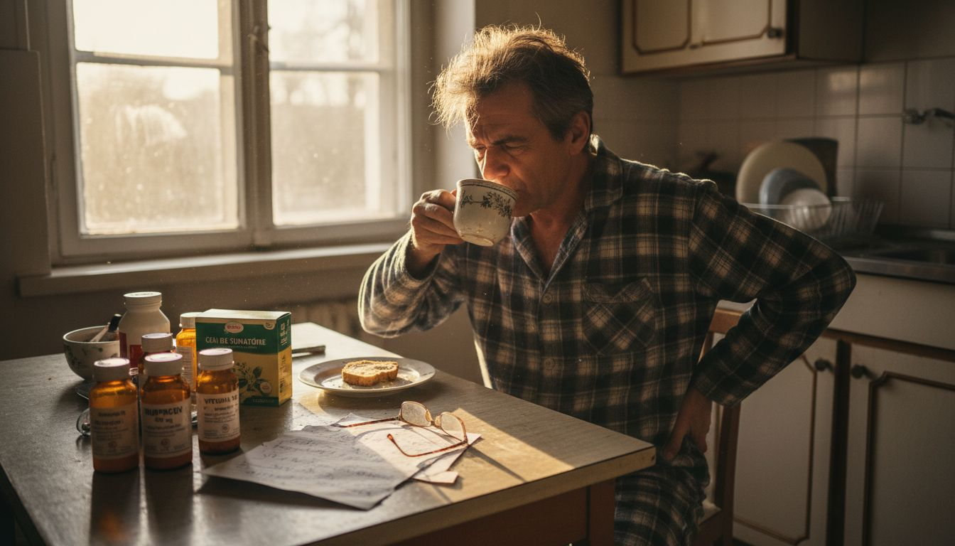 Un bărbat stă la masa din bucătărie, vizibil incomodat de o durere de spate în zona lombară.