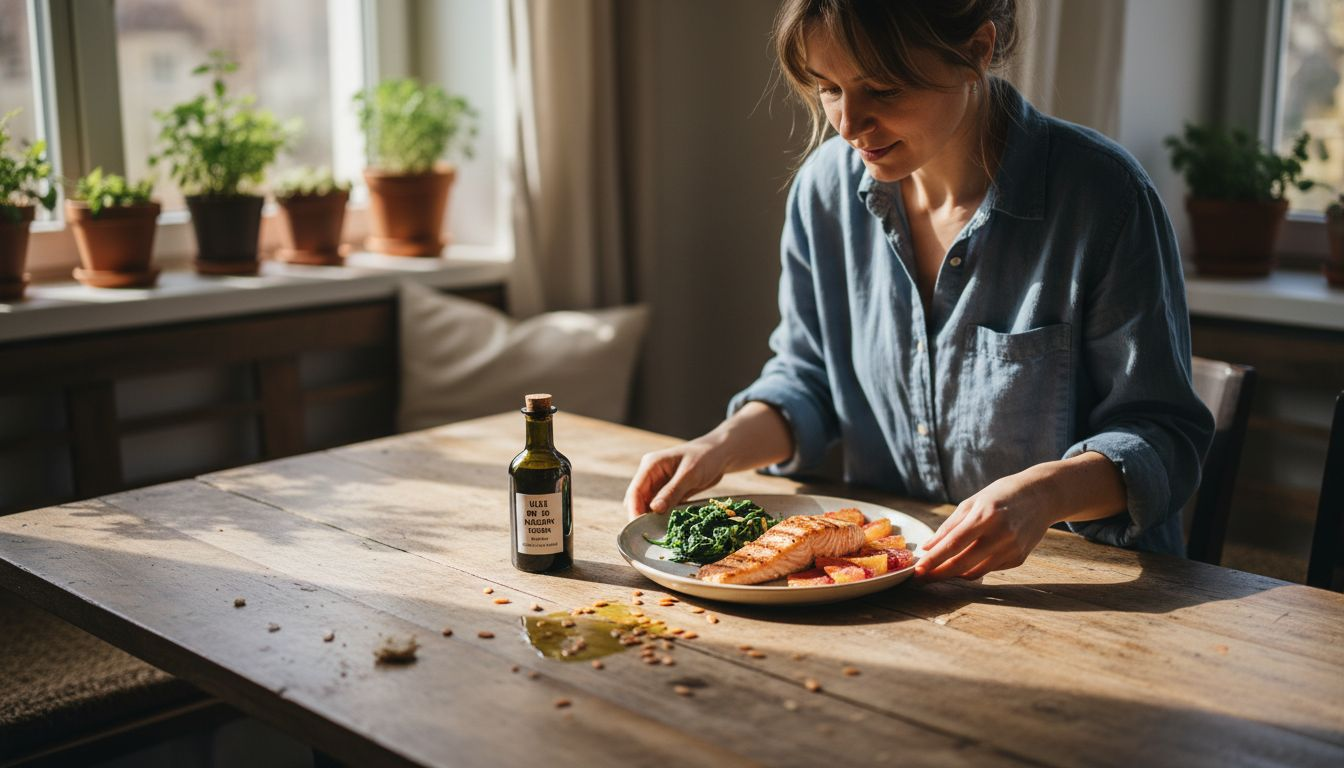 O femeie își pregătește o masă echilibrată, menită să îi ajute mușchii să se refacă după efort.