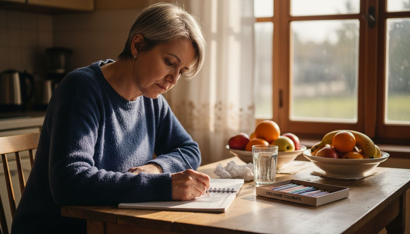 Femeie care își notează acasă ce mănâncă și cum se simte, pentru a urmări legătura dintre alimentație și durere.
