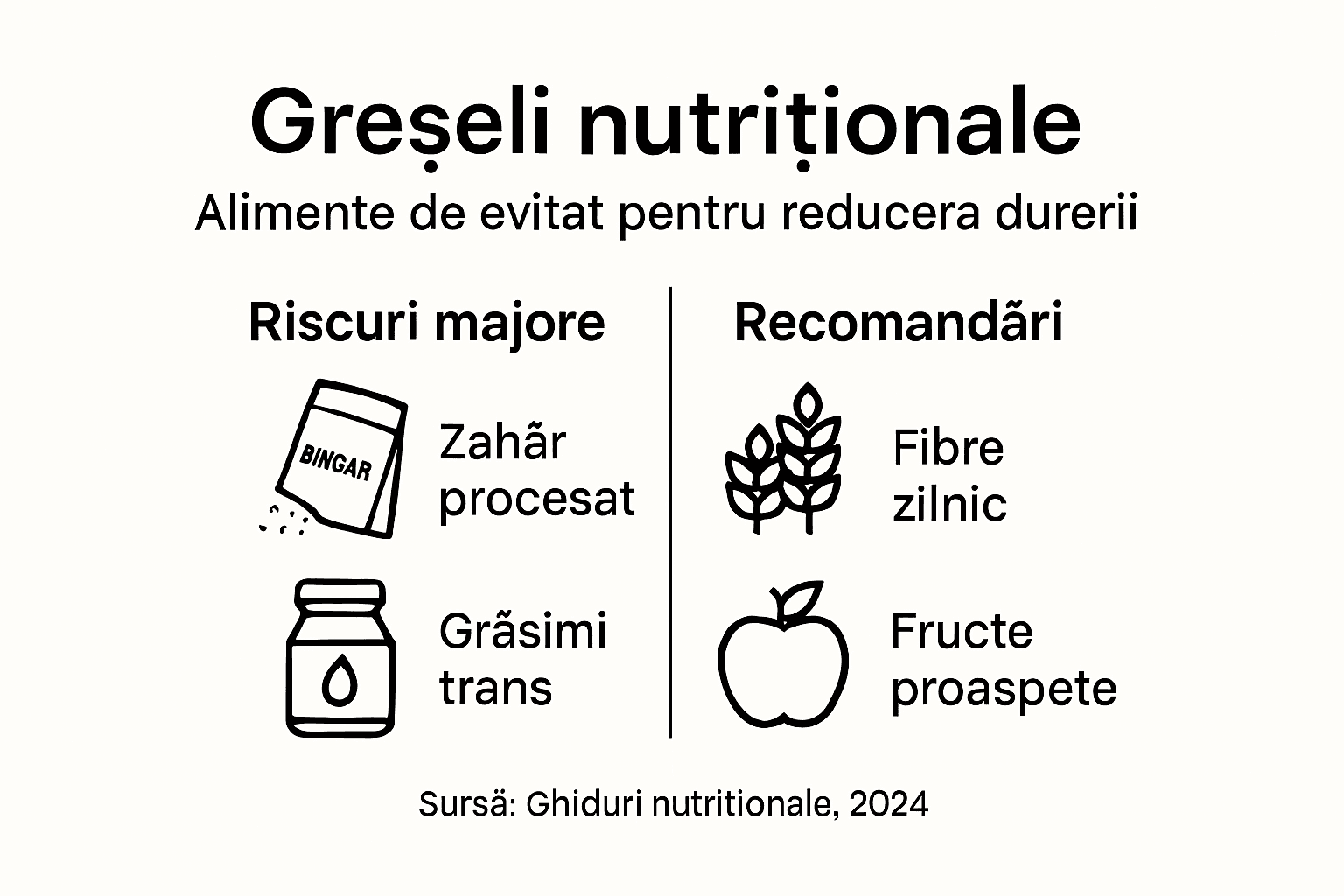 Infografic: cele mai frecvente greșeli alimentare care pot duce la apariția durerilor – la ce trebuie să fim atenți când vine vorba de nutriție și sănătate.