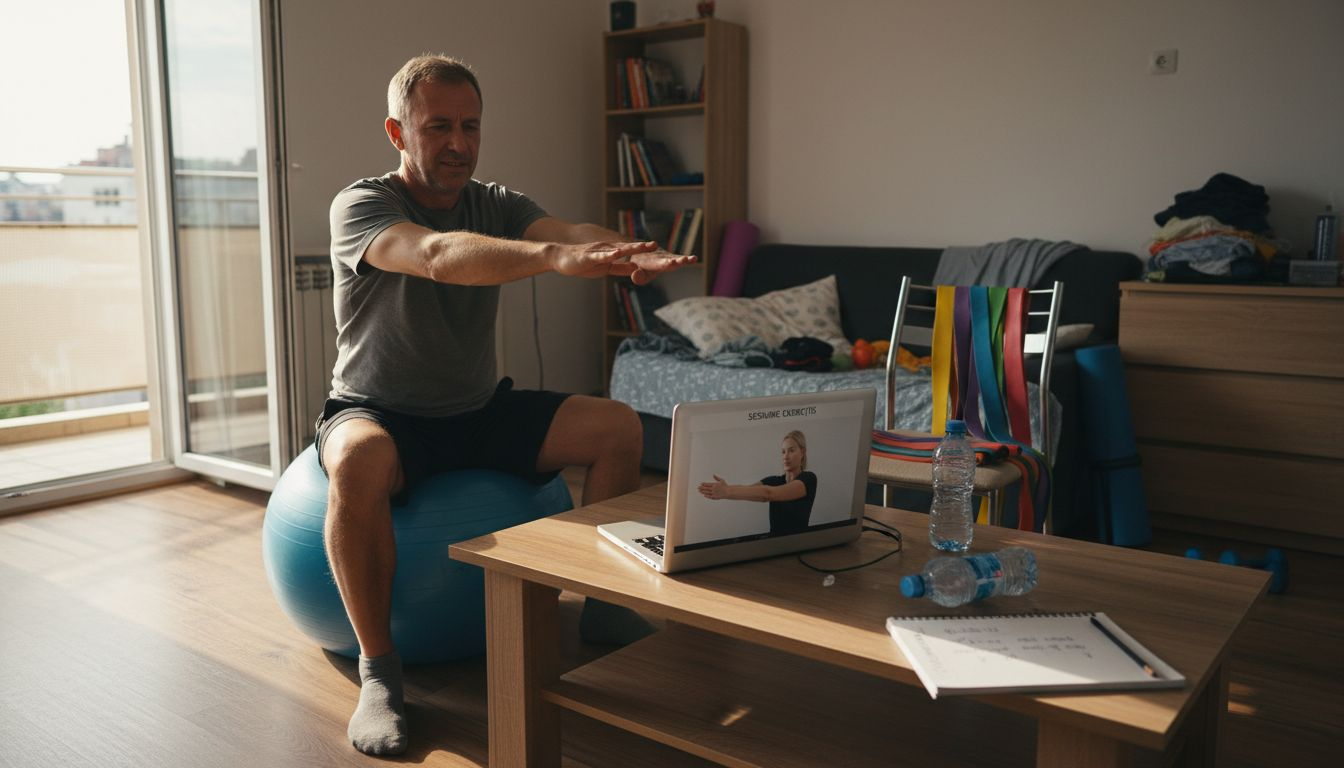 Bărbat care face exerciții pentru postura corectă, ghidat online de un fizioterapeut