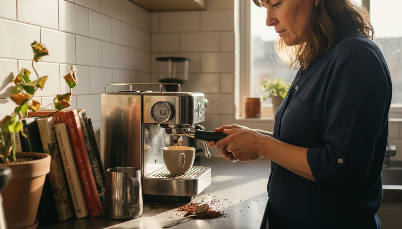 Checking pressure gauge during espresso extraction