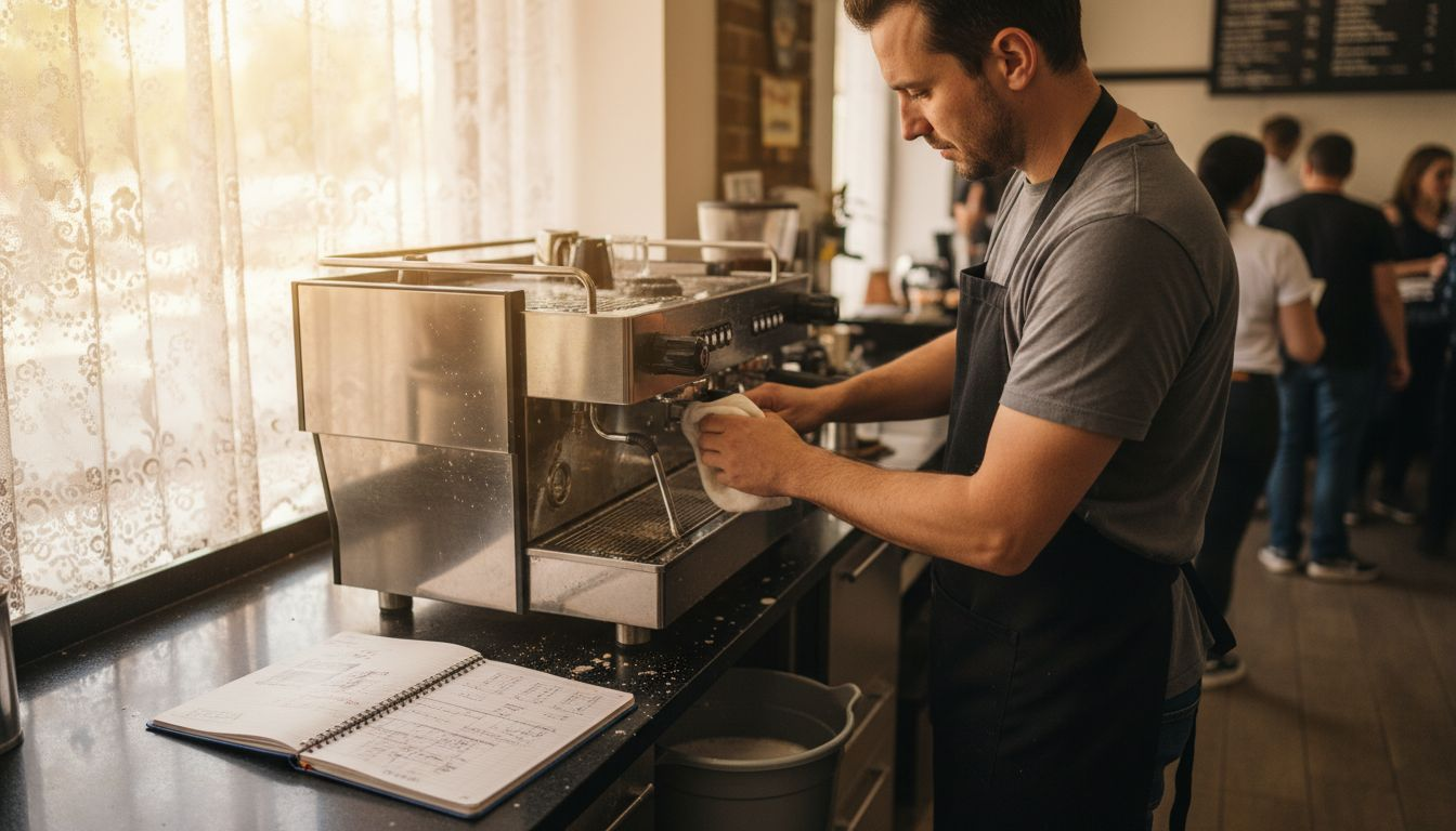 Barista cleaning steam wand and counter