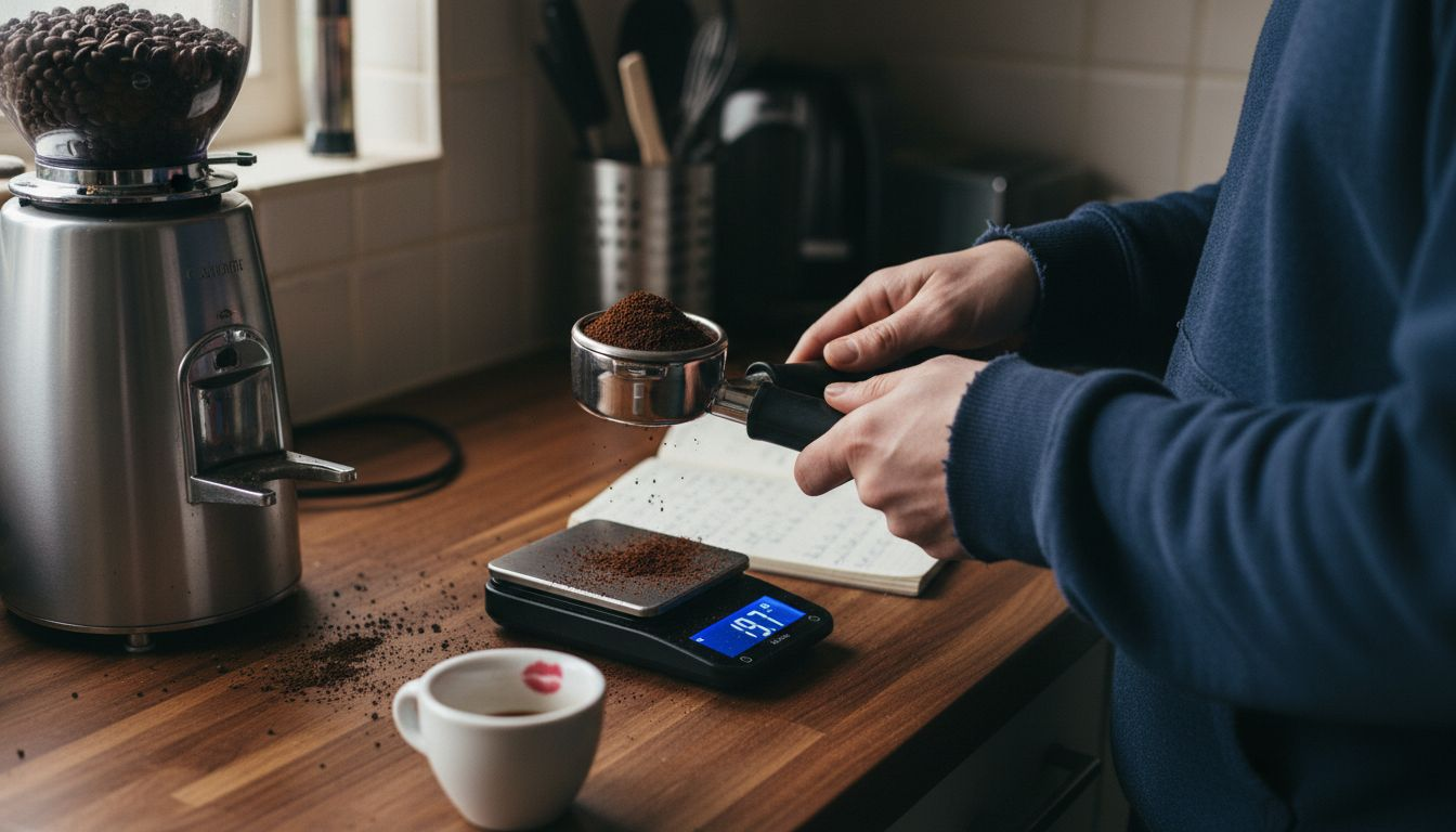 Weighing espresso grounds on kitchen scale