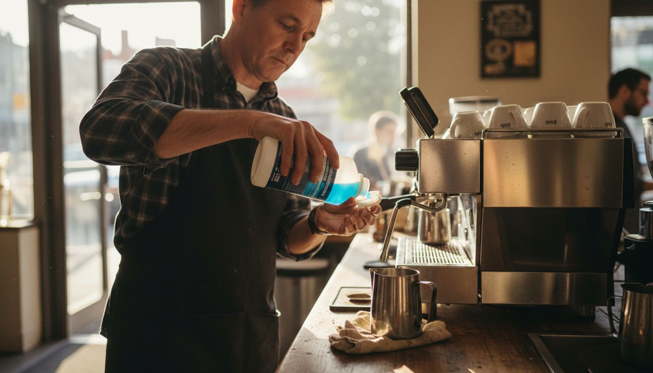Barista adding descaling solution to espresso machine