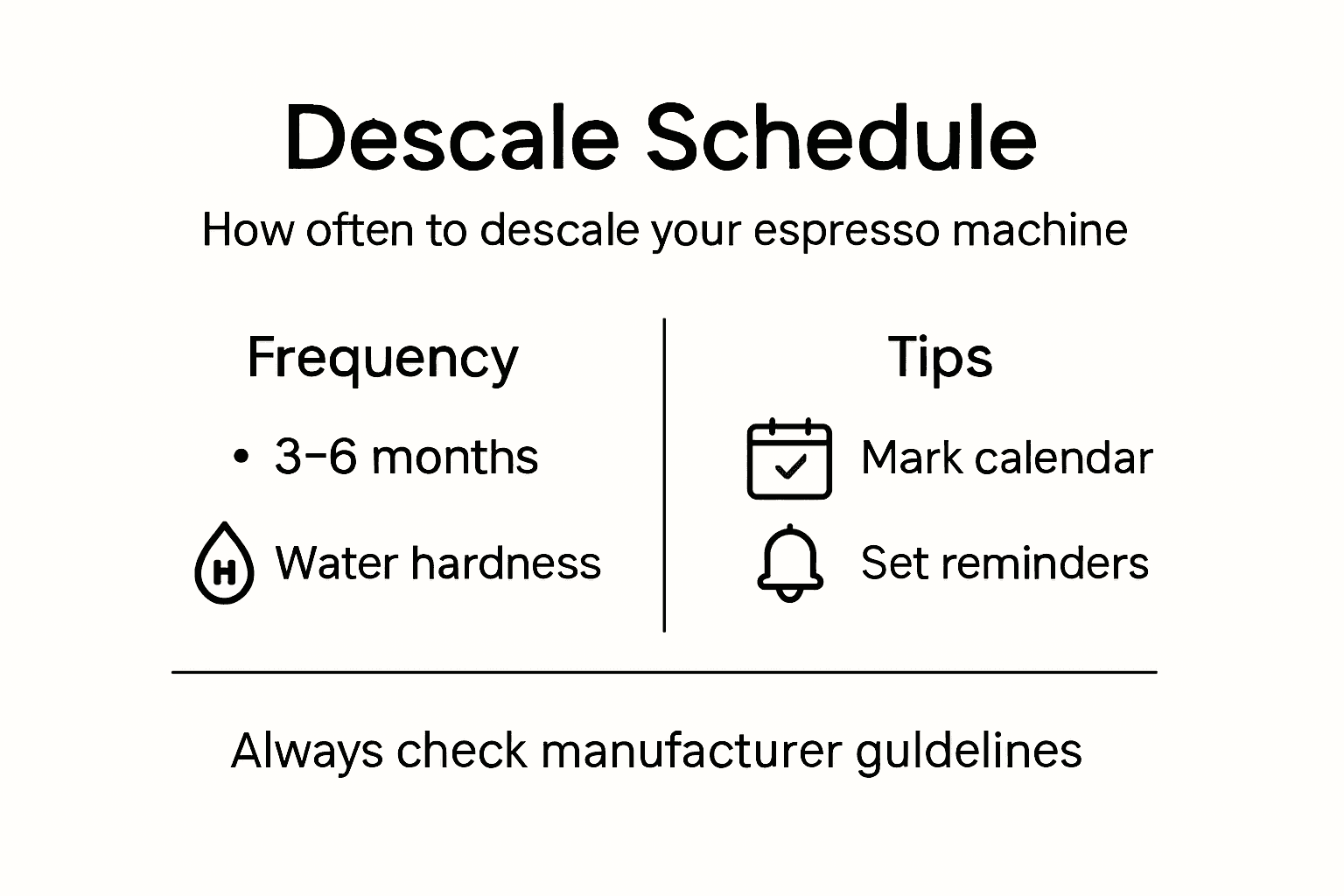Infographic showing espresso machine descaling schedule